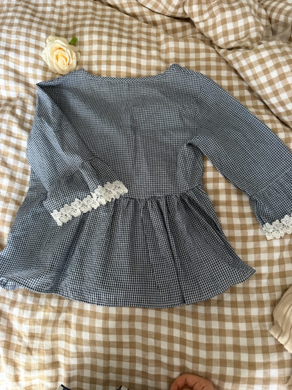Girls Navy Gingham Peplum Top with Lace Trim